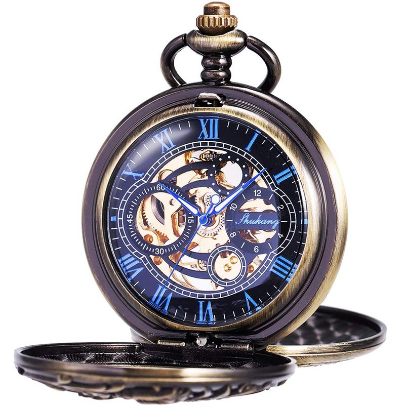 ManChDa Mens Antique Skeleton Mechanical Pocket Watch Dragon Hollow Hunter with Chain and Box - Image 2